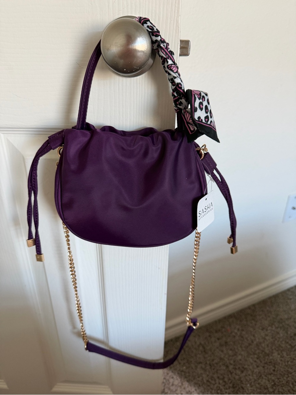 Plum Drawstring Crossbody Bag with Gold Chain